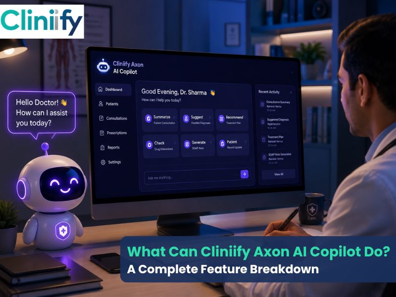 Cliniify Axon AI Copilot for dental clinics showing AI-powered features for patient management, workflow automation, and smart dental practice management